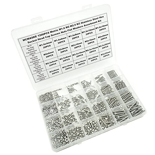 1200PCS M1.6-M3 304 SS Socket Head Cap Screws Nuts & Washers Kit - size: M1.6M2M2.5M3