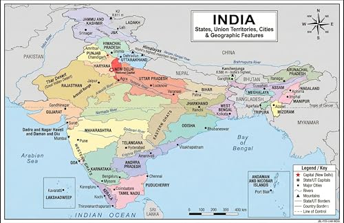 India Map Poster 11x17 | Laminated Double-Sided Geography Chart with Color Map Front & Blank Outline Back | Reusable Classroom & Homeschool Learning Tool - color: India