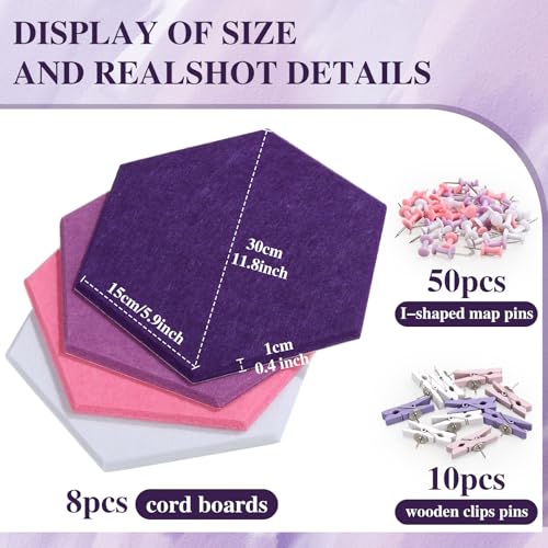 Mooliwe 8 Pcs 12 Inch Hexagon Cork Board Tiles Pins Clips, Pink - color: Pink