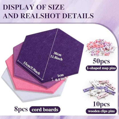 Mooliwe 8 Pcs 12 Inch Hexagon Cork Board Tiles Pins Clips, Pink - color: Pink