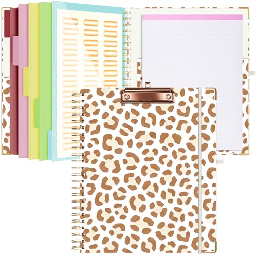 Ospelelf Clipboard with Storage 8.5 X 11，Padfolio Organizer, Spiral Portfolio Letter Size with Notepad, Pen Holder, 5 Extra Folder Divider Pages, Elastic Closure Nurse Office Essentials Leopard - color: Leopard