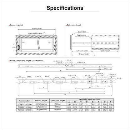 TOUCH TCH-22102 Series 45mm Full Extension Ball Bearing Drawer Slides Side Mount (32 Inch 800MM, 1 Pair) - size: 32" 800MM