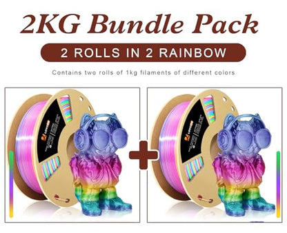 LOVOON 3D Printing Filament Bundle 2 KG, Silk Rainbow Gradient Green/Blue/Purple/Pink/Yellow 3D PLA Filament 1.75mm, Color Changing 3D Printer PLA Filaments,1KG X 2 Spools - color: Gradient Silk Rainbow, size: 2 kg