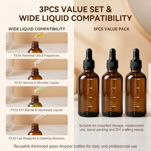 ericotry 3Pcs 100ML /3.4oz Empty Refillable Amber Glass Graduated Dropper Bottle Essential Oil Cosmetics Elite Fluid Container Jar Pot Holder with Glass Pipette Dropper - size: 100 ml