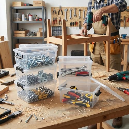 6 Pack Toolbox Organizer, Clear Plastic Screw Bins for Garage, Stackable Hardware Storage with Latching Lids, Mini Tool Box Containers for Nails, Bolts, Anchors, Fasteners, Craft Parts