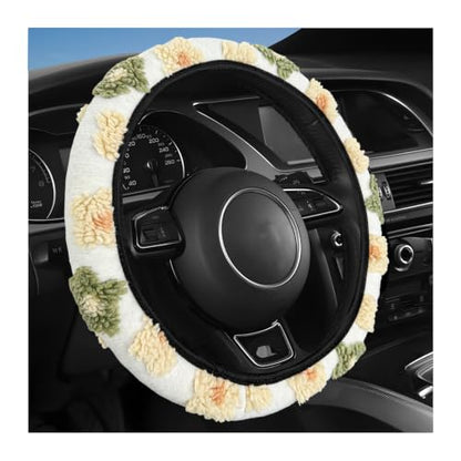 15" Plush Flower Car Steering Wheel Cover (Yellow) - color: Yellow