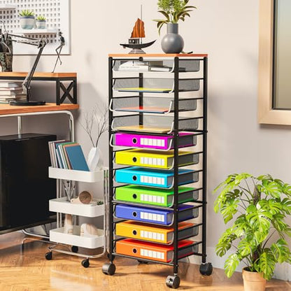 Simple Trending 12-Tier Rolling File Cart, Desk File Organizer with 11 Mesh Sliding Trays, Letter & Legal Paper Storage Rolling Utility Cart for Office Home School, Black - style: 12 Tier-Wood