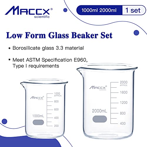 Sturdy Glass Beakers, 2 Sizes of 1000ml 2000ml,3.3 Borosilicate Griffin Low Form with Printed Graduation, BKLS06-002 - style: Vol.1000ml 2000ml