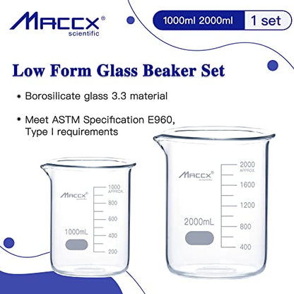 Sturdy Glass Beakers, 2 Sizes of 1000ml 2000ml,3.3 Borosilicate Griffin Low Form with Printed Graduation, BKLS06-002 - style: Vol.1000ml 2000ml