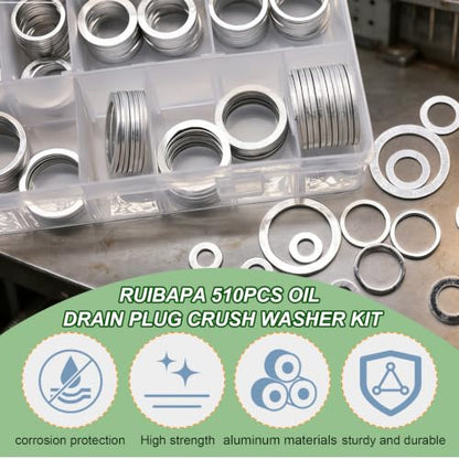 510PCS Oil Drain Plug Crush Washer Kit,18 Sizes Aluminum Oil Drain Plug Gasket Assortment, M6 M8 M10 M12 M14 M16 M18 M20 M22 M24,Crush Washer Oil Drain Plug - size: 510PCS