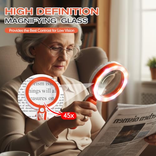 45X Magnifying Glass with Light, LED Rechargeable Magnifier for Seniors - color: Orange