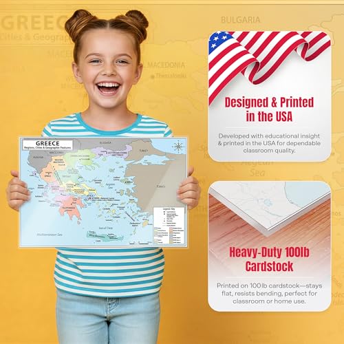 Greece Map Poster 11x17 | Laminated Double-Sided Geography Chart with Color Map Front & Blank Outline Back | Reusable Classroom & Homeschool Learning Tool - color: Greece