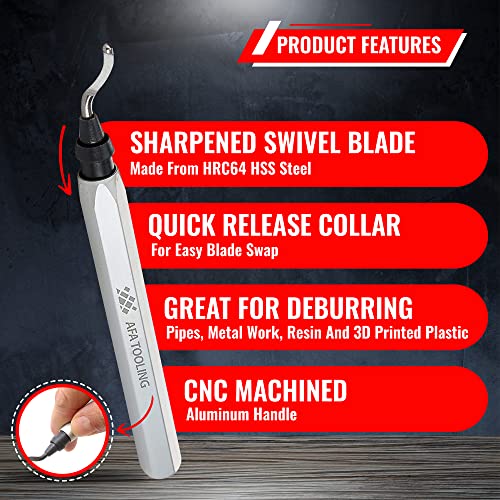 AFA Tooling Deburring Tool, HSS Blades, Silver CNC Anodized Aluminum Handle - style: Deburring Tool