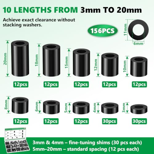 156Pcs M6 Black Nylon Spacers Kit, 3-20mm for M6 Screws Bolts - size: 156PCS M6
