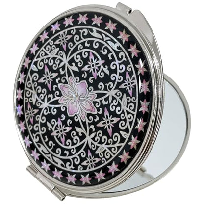 Portable Makeup Compact Double Magnifying Mirror Cosmestic Foldable Pocket Style Unique Mother of Pearl Design (Ivy) - color: Ivy