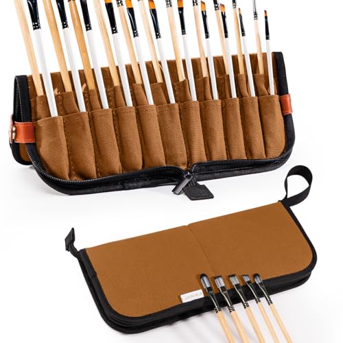 Stand Up Paint Brush Holder Case, 22-Slot Paintbrush Storage Bag Pop-Up - color: Caramel Brown, size: Medium 6*11"