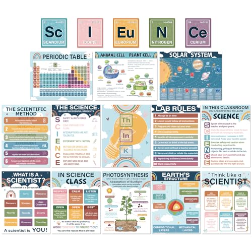 Wiooffen 18 Pcs Science Posters for Classroom Middle Elementary School 14.2 x 11.0in Laminated Reusable Periodic Table Posters Science Classroom Decor for Back to School Decor（Black） - color: Boho