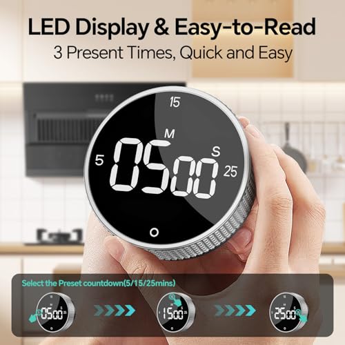 Digital Kitchen Timer with Magnetic, Large LED Display Countdown/Countup Timer, Pomodoro Preset 5/15/25 Mins, Volume & Brightness Adjustable for Cooking Baking Working Studying Silver - color: Sliver