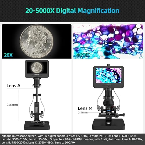 Andonstar AD266S 20X-5000X HDMI Digital Microscope, 5 Lens 2160P UHD Video - style: AD266S-7"+ Metal Biological Stand