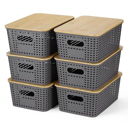 Ohmlove 6 Pack Plastic Storage Baskets with Bamboo Lids for Organization - color: Gray
