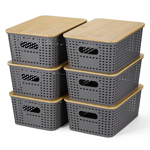 Ohmlove 6 Pack Plastic Storage Baskets with Bamboo Lids for Organization - color: Gray