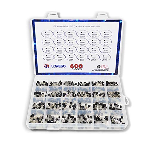 Transistor Assortment Kit Box By Loreso - 600 Piece 24 Value NPN PNP Transistor Box 2N2222 2N2907 BC327 BC337 BC556 2N3903 S9012 for Hobby Electronics, Audio-Video, Repair & Electronic Projects - style: Transistors