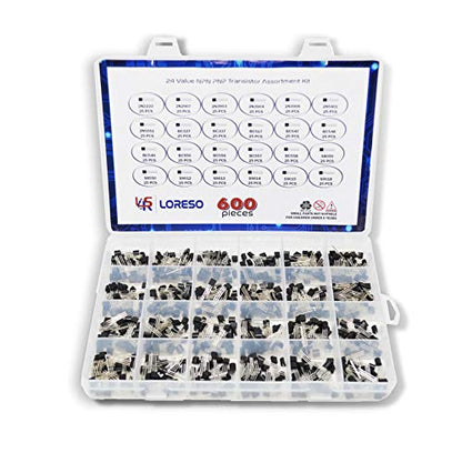 Transistor Assortment Kit Box By Loreso - 600 Piece 24 Value NPN PNP Transistor Box 2N2222 2N2907 BC327 BC337 BC556 2N3903 S9012 for Hobby Electronics, Audio-Video, Repair & Electronic Projects - style: Transistors