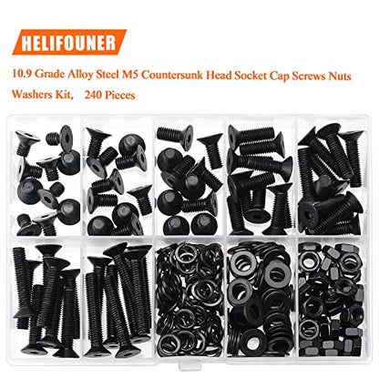 HELIFOUNER 240 Pieces M5 x 6mm /8mm /10mm /12mm /16mm /20mm /25mm, Countersunk Head Socket Cap Screws Bolts Washers Nuts Kit, 10.9 Grade Alloy Steel, Full Threaded, Black - size: M5, style: Countersunk Head