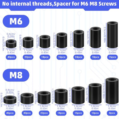 Meafeng 300Pcs Black Nylon Round Spacer M6 M8 Non-Threaded Assortment Kit - size: M6 M8 Nylon Round Spacer
