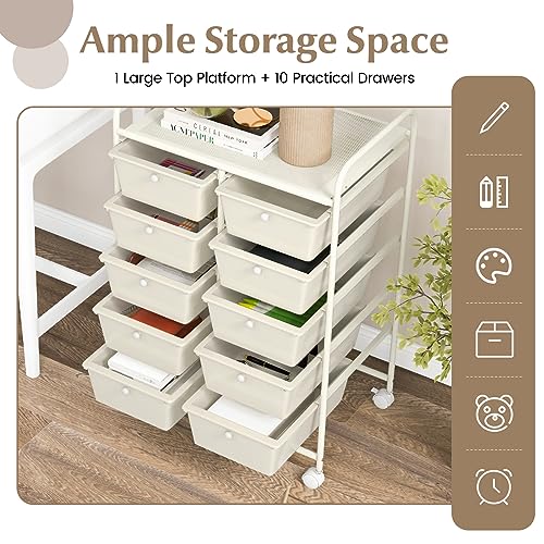 COSTWAY 10 Drawer Rolling Storage Cart, Utility Cart with Lockable Wheels - color: White, size: 10 Drawer