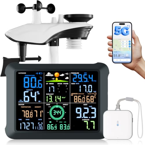 5G/2.4G WiFi Smart Weather Station with App, 24/7 AI Weather Forecast, Weather Stations Wireless Indoor Outdoor with UV, Alerts, Rain Gauge, Wind Speed and Direction, 2 Years Data Export