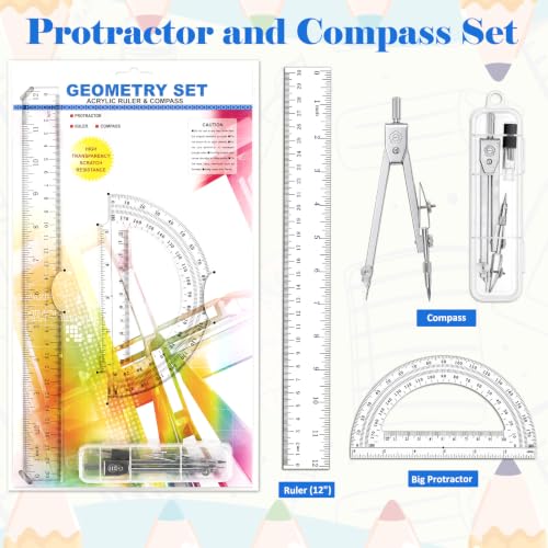 Coopay 3 Pcs Geometry Set, Clear Acrylic Ruler, Protractor and Compasses - size: 3 Pcs set