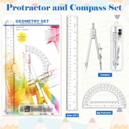 Coopay 3 Pcs Geometry Set, Clear Acrylic Ruler, Protractor and Compasses - size: 3 Pcs set
