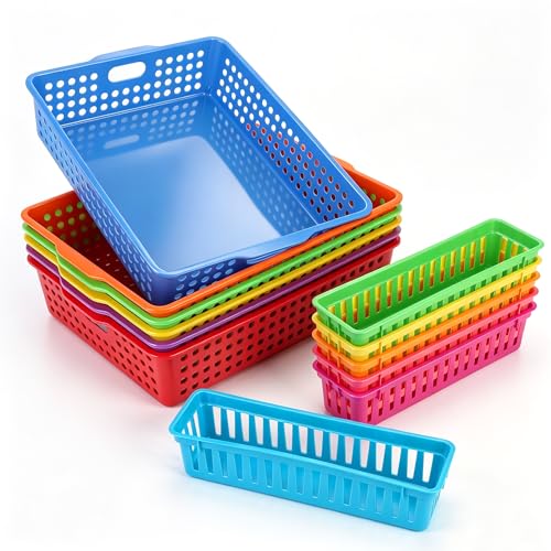 6 Pack Plastic Classroom Storage Bins with 6Pcs Small Baskets, Colorful Turn in Paper Trays for Classroom,Teachers, Students(13.6”×10.6”×3.1”) - color: Rainbow