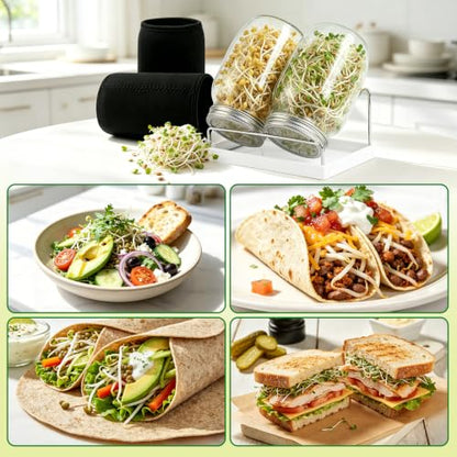 Seed Sprouting Jar Kit - 4 Wide Mouth Mason Jars with 316 Stainless Steel Sprouting Lids, 2 Drip Trays & 2 Stands, Complete Home Growing Set for Broccoli, Alfalfa, Beans, Wheatgrass (4 Jars)