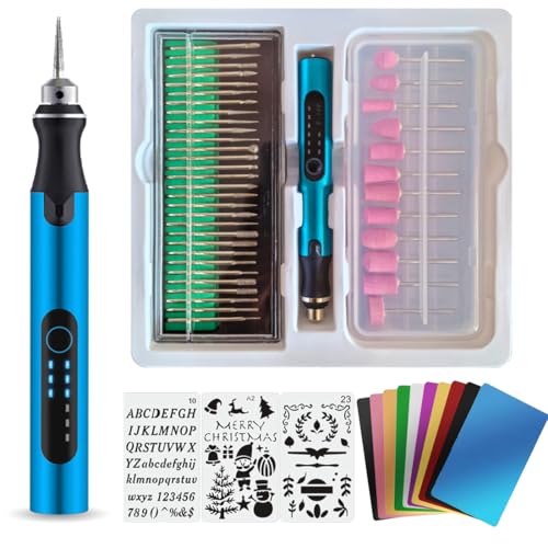 USB Engraving Pen with 47 bits,10Metal Business Card Blanks,Electric Engraver Machine Cordless Engraving Tools Engraved Jewelry Metal Resin Plastic Stone - color: blue