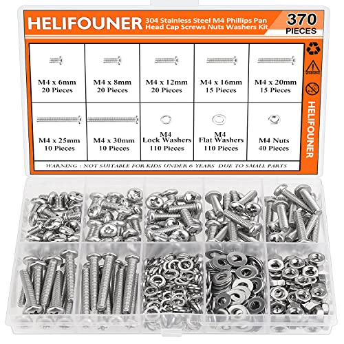 HELIFOUNER 370 Pieces M4 x 6mm /8mm /12mm /16mm /20mm/25mm /30mm, Phillips Pan Head Machine Screws, Metric Screws Bolts Washers Nuts Kit, 304 Stainless Steel - size: M4, style: Phillips Pan Head Machine Screws
