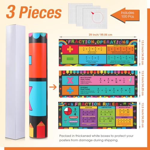 Pasimy 3 Pack Math Posters Mathematics Educational Banners Decor Math Bulletin Board Charts Mathematics Posters Wall Decor for Elementary Middle School Classroom Decorations(Fraction) - style: Fraction