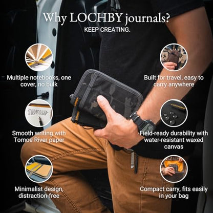 LOCHBY® Pocket Journal | Tomoe River 3.5" x 5.5" Notebook | Waxed Canvas | Ideal for Travelers & Daily Use, Fits Field Notes, Moleskine Cahier - color: Black Multicam, size: Pocket-size Zipper