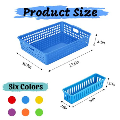 6 Pack Plastic Classroom Storage Bins with 6Pcs Small Baskets, Colorful Turn in Paper Trays for Classroom,Teachers, Students(13.6”×10.6”×3.1”) - color: Rainbow