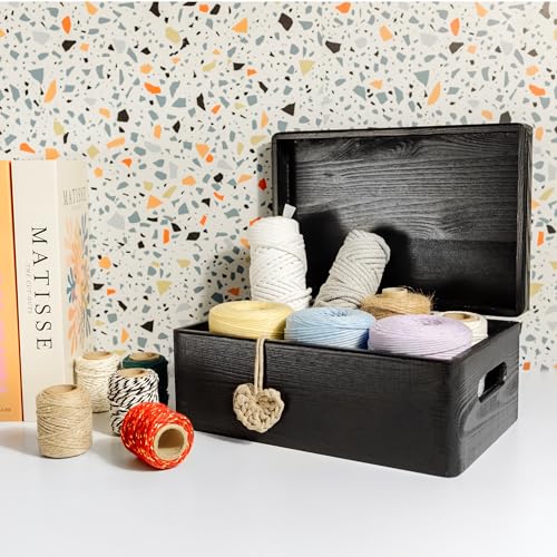 Creative Deco Large Black Wooden Box Storage with Hinged Lid - color: Black, size: L | Handles