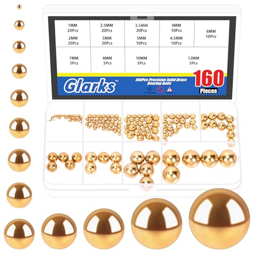 Glarks 160pcs 1-12mm 13 Sizes Precision Solid Brass Bearing Balls Assortment, Yellow Brass Hardness Round Ball, Industrial Ball Bearing for Machinery, Automotive, Valves, Ball Mill - size: 1-12mm
