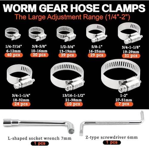 210Pcs Stainless Steel Hose Clamps Assortment Kit 1/4"to 2"(6-51mm) Adjustable Worm Gear Hose Clamps, Small Heavy Duty Hose Clamps for Automotive/Garden/Water Pipe/Sprinkler Line/Fuel Line - size: 210pcs