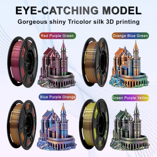 Silk PLA+ 3D Printer Filament Bundle, 3-in-1 Coextruded Shiny Tricolor Filament 1.75mm, Shiny Multi Color Change, Smooth Multicolor PLA+ Filament for Most 3D Printers - 4 Spools 250g Each - color: 250g*4 Silk-tricolor Red Purple Green/Orange Blue Green/Bl