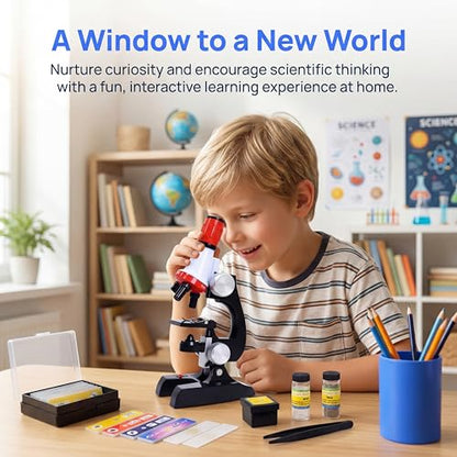 Little World Kids Microscope with LED Light - 100X/400X/1200X Magnification - color: Red