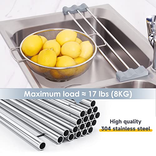 Tomorotec Adjustable Over-The-Sink Kitchen Rack for Dishcloths, Sponges, Bottles and Brushes - Heat-Resistant Stainless Steel with Slim, Expandable Design and Multifunctional Silicone Holder - color: Light Gray