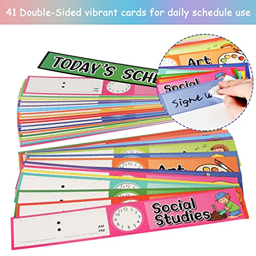 Daily Schedule Pocket Chart Kit,40 Bright Attractive Double-Sided Reusable Erasable Cards,1 Title Card,13+1 Scheduling Pocket Chart with 2 Hangers for Classroom Office Home Preschool Learning (Black) - color: Black