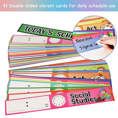 Daily Schedule Pocket Chart Kit,40 Bright Attractive Double-Sided Reusable Erasable Cards,1 Title Card,13+1 Scheduling Pocket Chart with 2 Hangers for Classroom Office Home Preschool Learning (Black) - color: Black