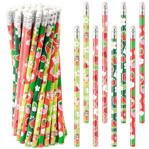 Xqumoi 60Pcs Strawberry Pencils with Eraser - Cute Fruit Theme #2 HB Pencils, School Classroom Student Rewards Back to School Office Supply Party Goodie Bag Fillers Stuffers Birthday Party Favors - style: Strawberry