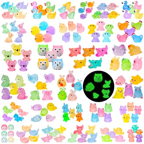 200PCS Luminous Mini Resin Animals 30 Types Miniature Resin Animal Figurines to Hide Bulk Glow in The Dark Tiny Ducks Frogs Small Cat Bunnies for Fairy Garden Micro Landscape Dollhouse Accessories - color: 200pcs-animals